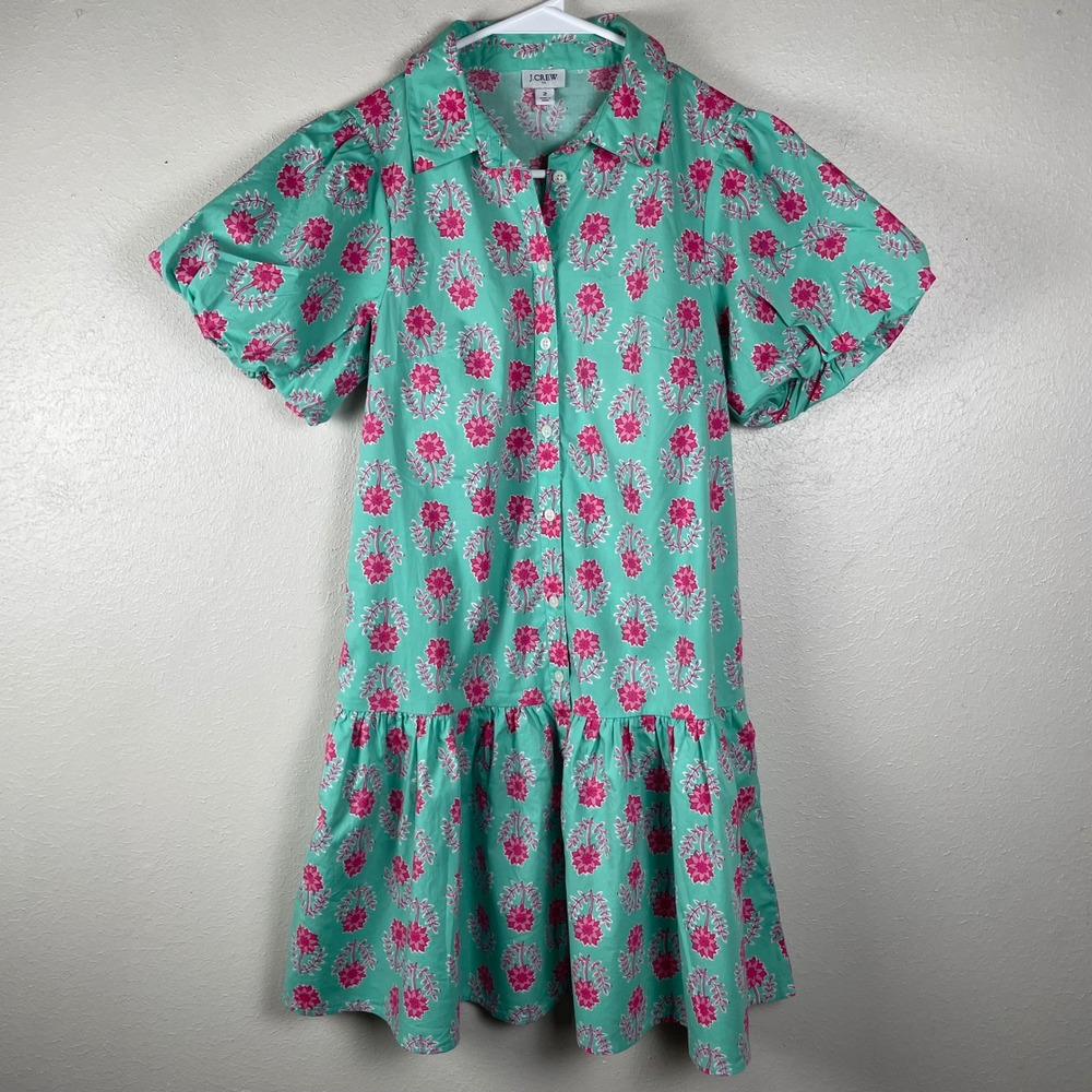 J.Crew Womens Floral Puff Sleeve Button Front Mini Dress Teal Pink Size 2 - Picture 1 of 9